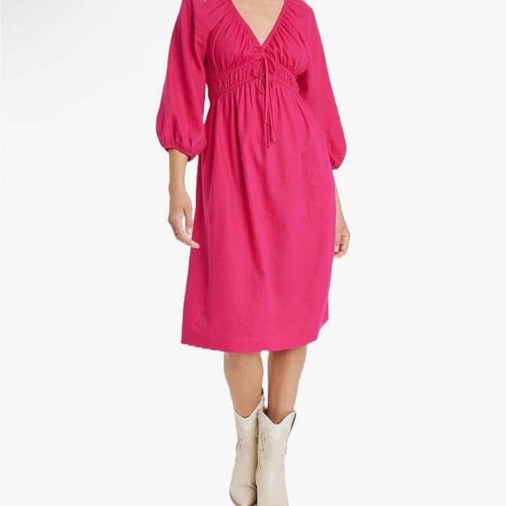 Universal Thread Pink Ruched Tiered puffed sleeves Midi dress size L